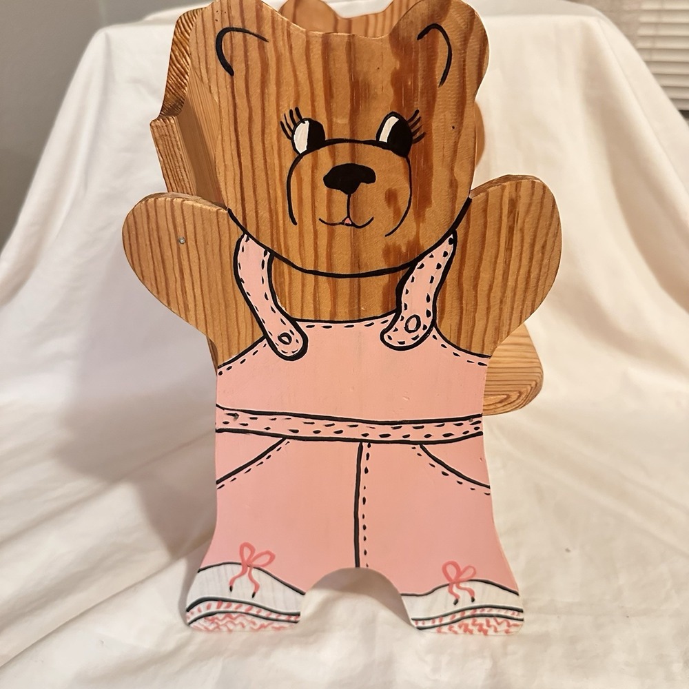 Vintage Primitive Folk Art Wooden Bear Potty Chair Hand Painted Farmhouse